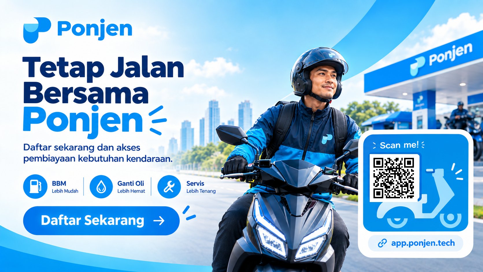 Tetap Jalan Bersama PONJEN — daftar sekarang dan akses pembiayaan kebutuhan kendaraan: BBM lebih mudah, ganti oli lebih hemat, servis lebih tenang.